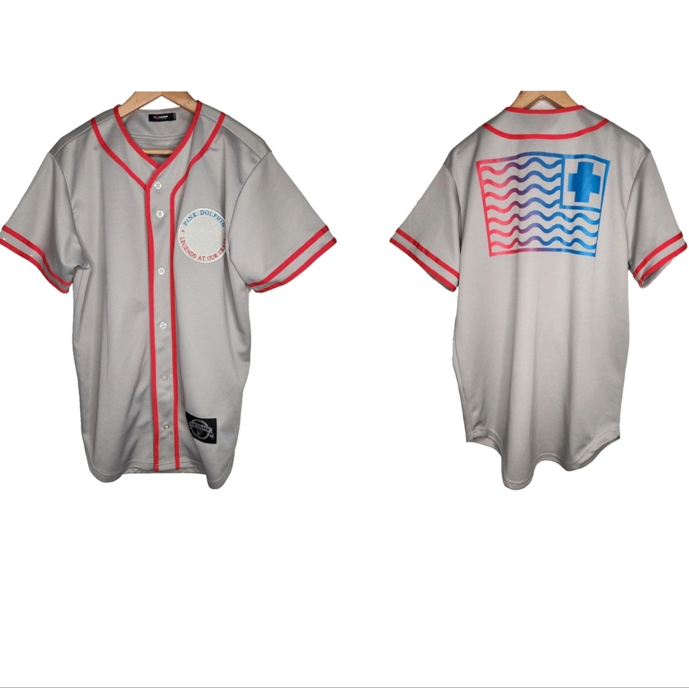 Pink Dolphin Athletic Baseball Jersey Shirt in Gray and Red Size L